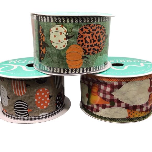 Fall Ribbon Lot 6 Rolls Wired Edge Pumpkins Plaid Gnomes Autumn Leaves Harvest 6 - Picture 11 of 11